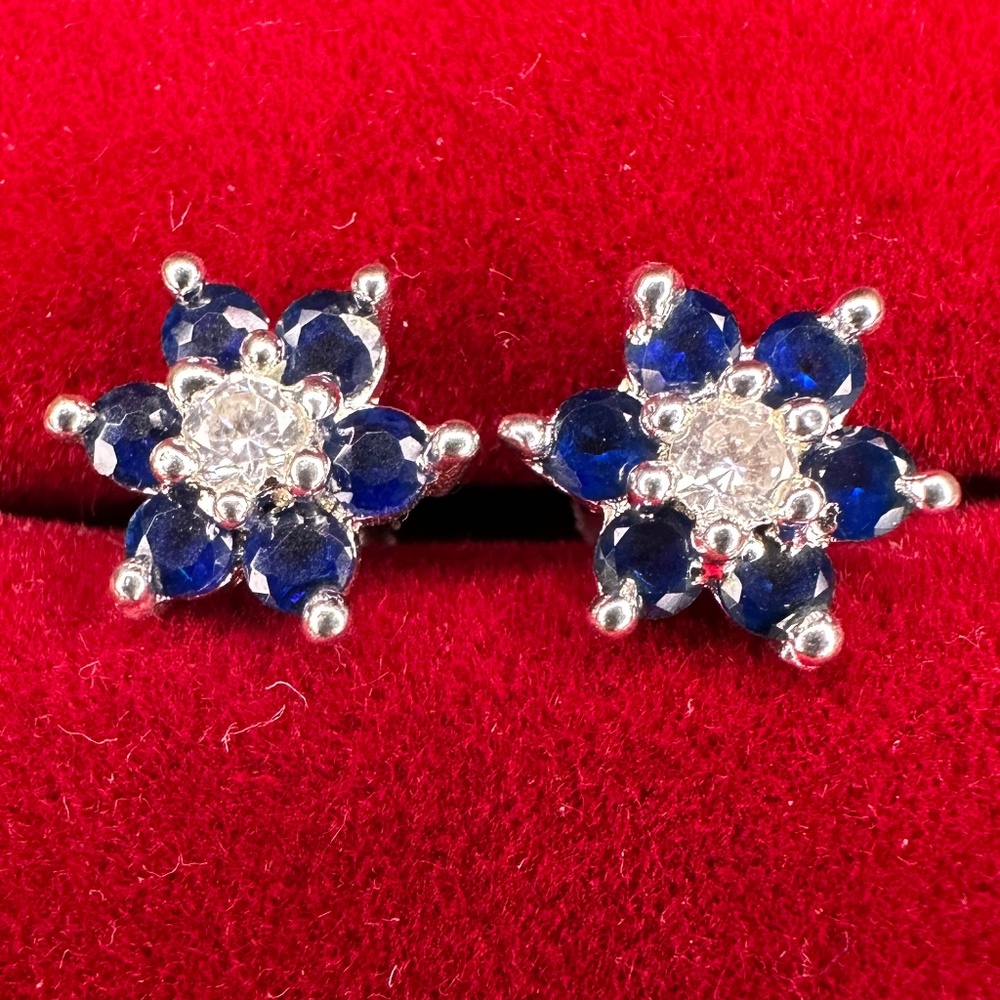 Sterling Silver  925 Stud Earrings with White & Blue Zircon Gemstone